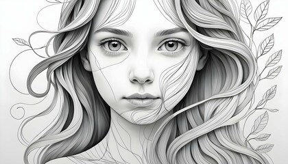 Craft a line art portrait of a girl with flowing upscaled 7