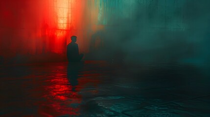 Solitary figure stands in contemplative mood within a surreal,moody environment of mist and color