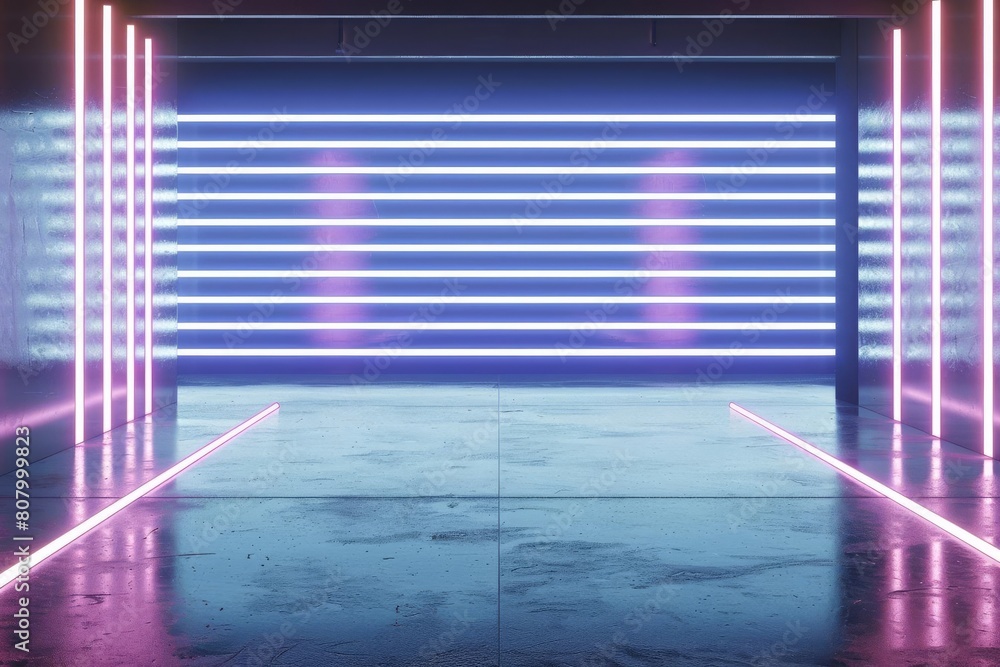 Poster sleek and modern empty space with horizontal neon lines glowing brightly, providing a hightech backd
