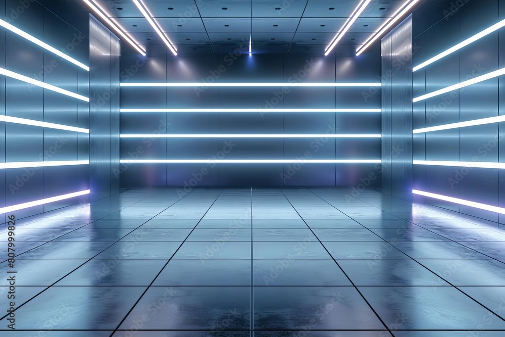 Poster sleek and modern empty space with horizontal neon lines glowing brightly, providing a hightech backd