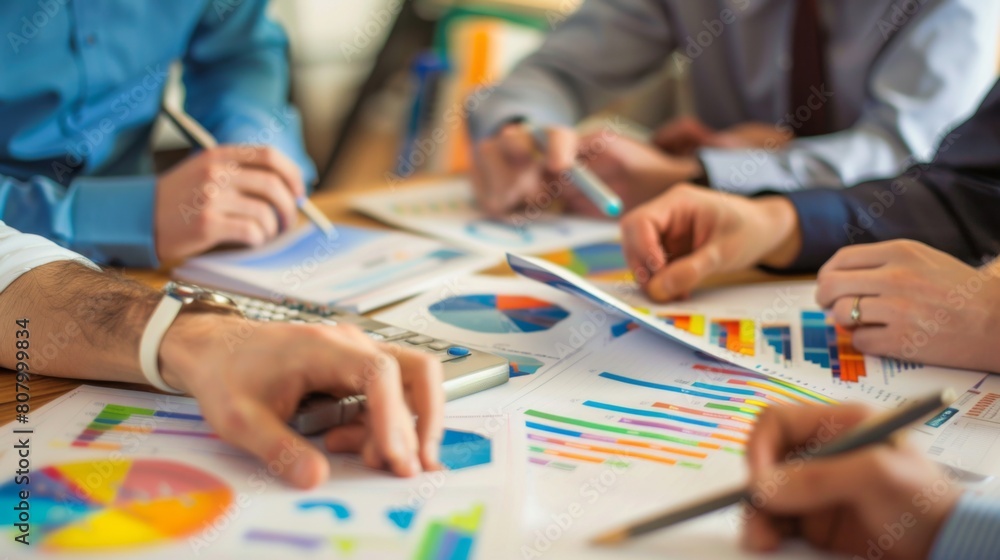 Poster a group of business partners discussing financial charts and graphs