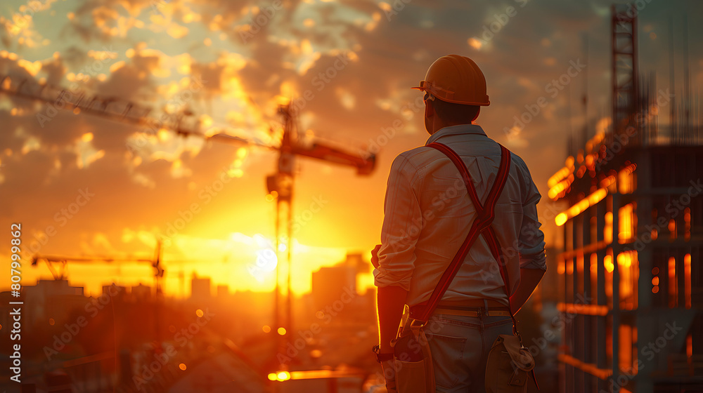 Poster photo realistic concept of project manager overseeing construction progress and coordinating teams o