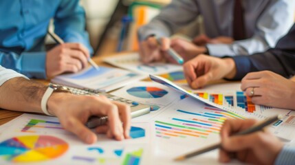 A group of business partners discussing financial charts and graphs