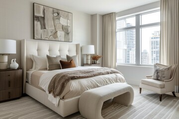 Fototapeta premium Contemporary Bedroom with Neutral Palette and Textured Accents