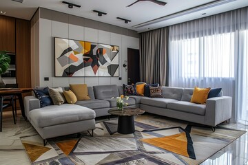 Modern Living Space with Elegant Grey Sofa and Geometric Rug