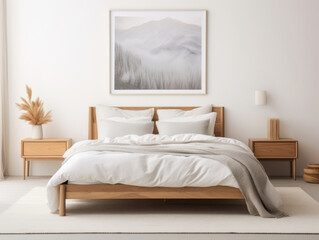 Minimalist Scandinavian bedroom featuring a soft neutral color palette, natural wood bed frame with clean lines and a cozy 