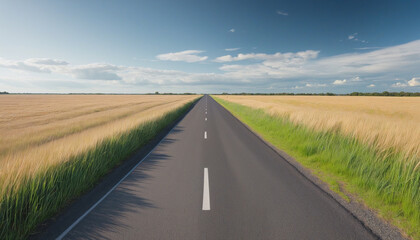 Fototapeta premium Scenic landscape featuring a straight route through lush meadows under a refreshing summer sky 