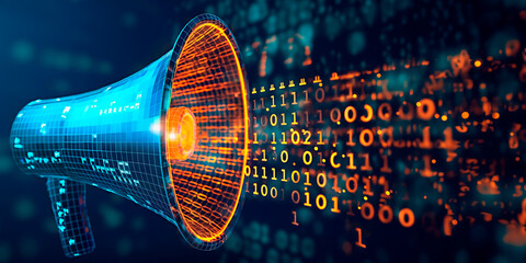 Digital megaphone made of binary code on technology cyber background. Concept for data broadcasting in cyberspace and futuristic communication.