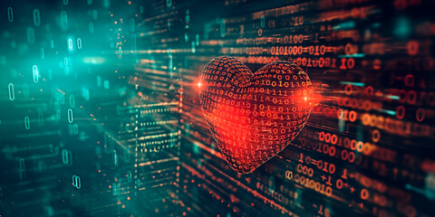 Futuristic heart made of binary code on digital background. Concept of Digital Love and Connection.