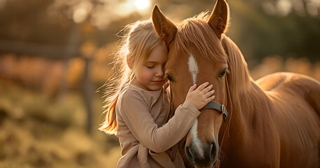 Concept of child and horse friendship and a moment of trust between animal and owner. A little girl hugging her horse at sunset in the field.