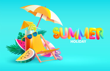 Summer poster with 3D realistic cocktail, beach chair, umbrella, fruit and word "summer. Realistic vector illustration.