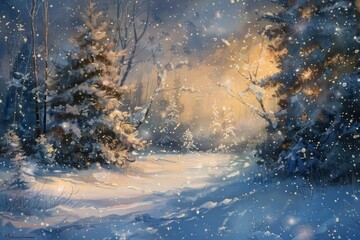 Luminous Snowscape with Sparkling Flurries