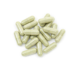 Vitamin capsules isolated on white, top view. Health supplement