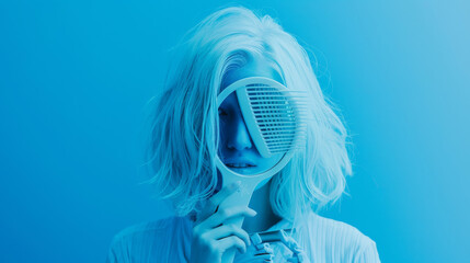 Surreal portrait of a woman with white hair holding a patterned mirror, against a blue monochrome background