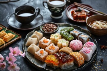 Fototapeta na wymiar Assorted Traditional Asian Snacks with Tea