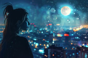 Urban Dreamscape with Pensive Woman Overlooking City Night