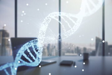 Double exposure of creative DNA hologram and modern desktop with laptop on background. Bio...