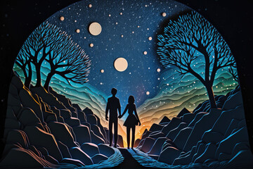 Naklejka premium Couple's Silhouette Under a Starry Night Sky