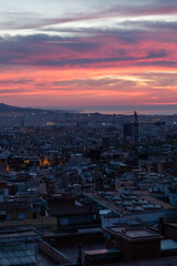 dawn, colored sky, morning city, mountains, houses