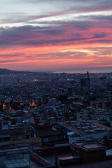 dawn, colored sky, morning city, mountains, houses