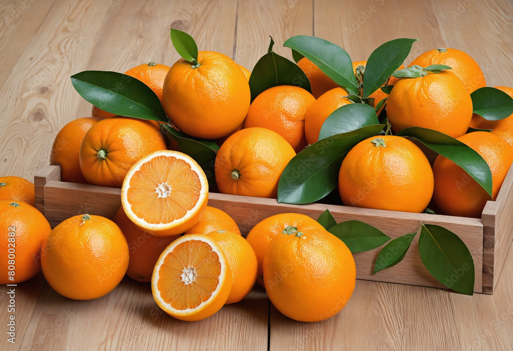 Poster refreshing mandarins in a rustic crate: the art of generative ai
