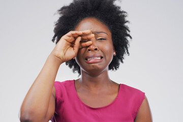 Woman, studio and crying with hand for job in education, teacher with problem or frustrated. Female...