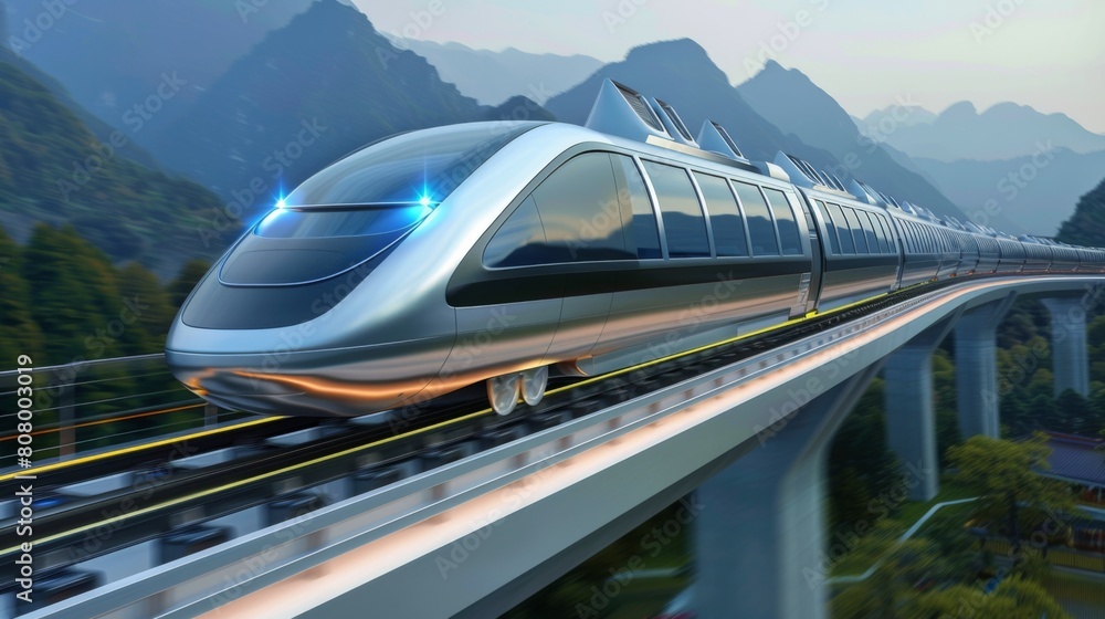 Poster a high-speed maglev train hovering above its track, futuristic transportation