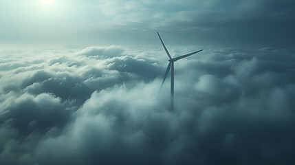 Photo realistic windmill icon with clouds representing the impact of wind energy on reducing greenhouse gas emissions