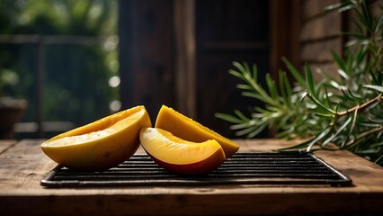 Mango slices on a grilling pan