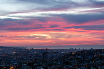 dawn, colored sky, morning city, mountains, houses