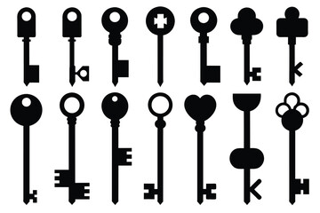 Set of Key black Silhouette Design with white Background and Vector Illustration