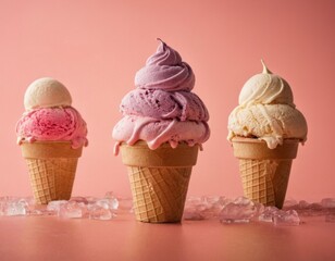 A pink ice cream cone with pink ice cream and pink ice cream scoops