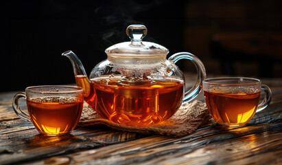 Glass Tea Pot With Tea and Two Cups - obrazy, fototapety, plakaty