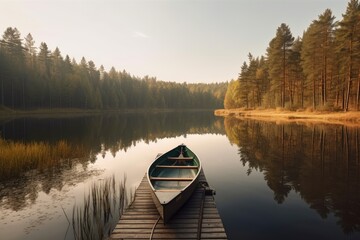 Tranquil Lake at Dawn with Forest and Canoe