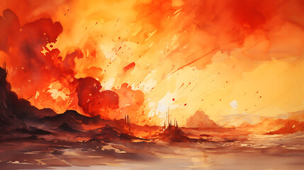A fiery explosion of red and orange watercolor splashes evoking the essence of a desert sunset