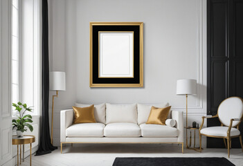  Minimalistic black and white interior featuring an empty frame for creative presentation 