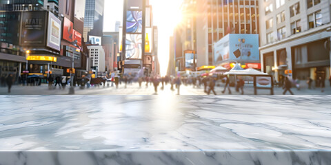Fototapeta premium Sleek marble tabletop with a soft-focus background of a bustling city street, ideal for urban lifestyle products or modern decor
