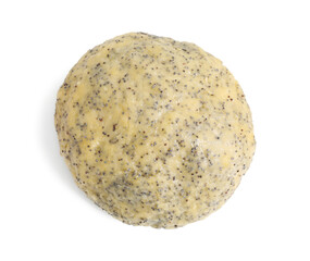 Raw dough with poppy seeds isolated on white, top view