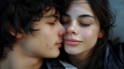 A young couple kissing each other on the cheek while looking into one another's eyes, AI