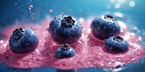 close-up of several blueberries, with a few of them immersed in a pink liquid. The berries appear to be wet, with drops of water scattered around them. The background is a gradient of blue and pink.