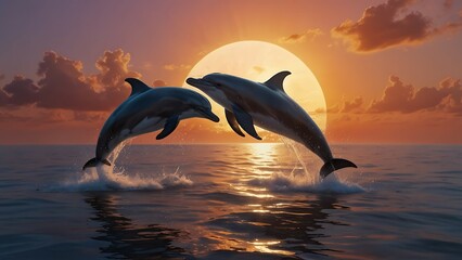 Dolphins jumping out of the water at sunset. 