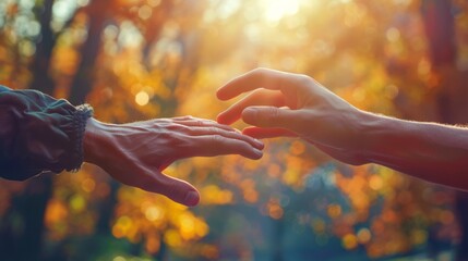 Two hands reaching out to each other in front of a forest, AI - Powered by Adobe