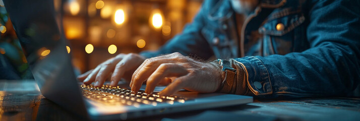 Clear Precision: Soft Focus Highlights Man's Typing on Laptop, Defined Edges in Light Navy and White