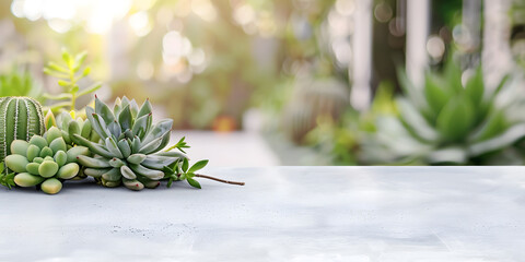 Minimalist white surface with a blurred green succulent garden background, perfect for sustainable goods or green home products 
