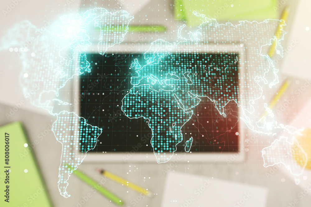 Poster multi exposure of abstract creative digital world map and digital tablet on background, top view, re