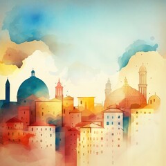Obraz premium Vibrant Watercolor Middle Eastern Cityscape Artwork