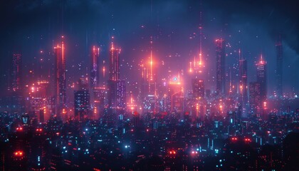 futuristic city skyline with interconnected nodes representing various departments within a company, 