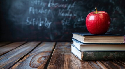 An apple on a stack of books with a chalkboard in the background.