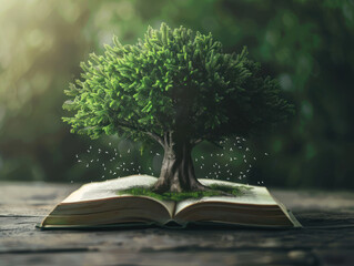 The image shows an open book with a tree growing out of it
