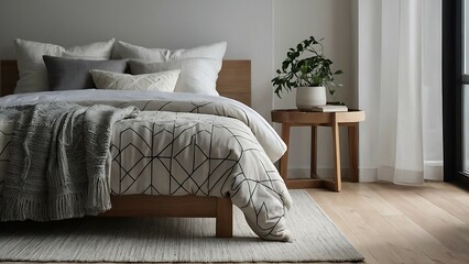 Modern bedroom interior with grey pillows on bed and plants in vase